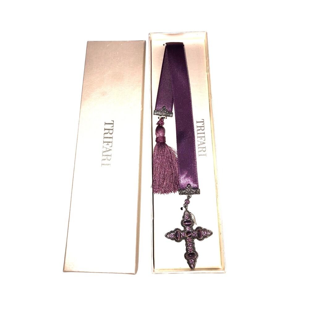 Trifari Cross Bookmark Vintage Purple Stones Crystals Satin Ribbon Tassel Box